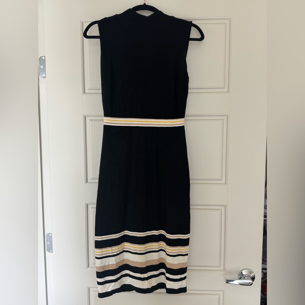 White House Black Market Black Midi Dress with Cream and Tan Stripes